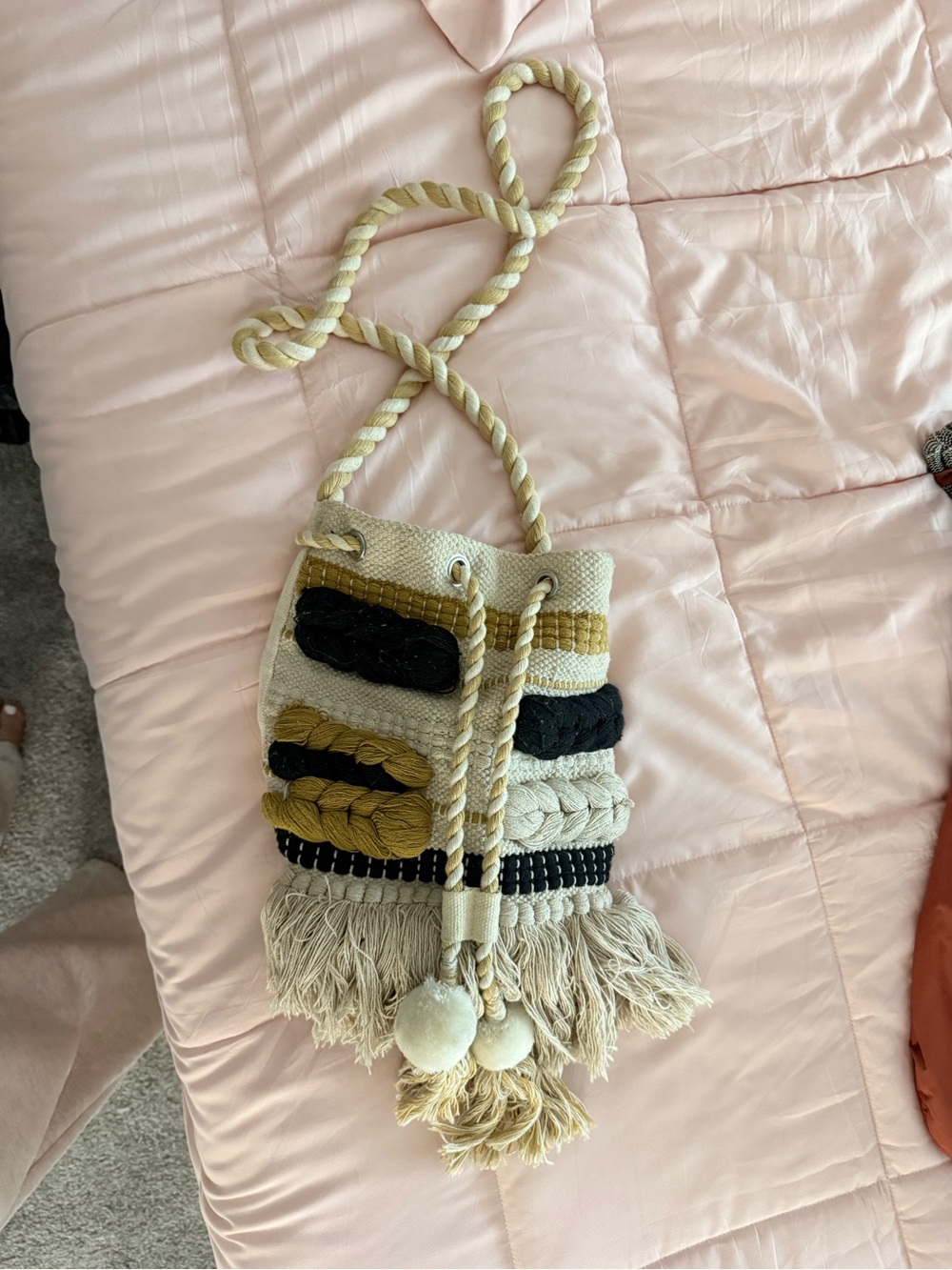 Cost Plus World Market Cream, Black & Mustard Woven Fringe Crossbody